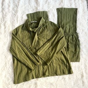 2 Piece ZARA Matching Linen Set Long Sleeve Wide Leg Pants Flowy Olive Green